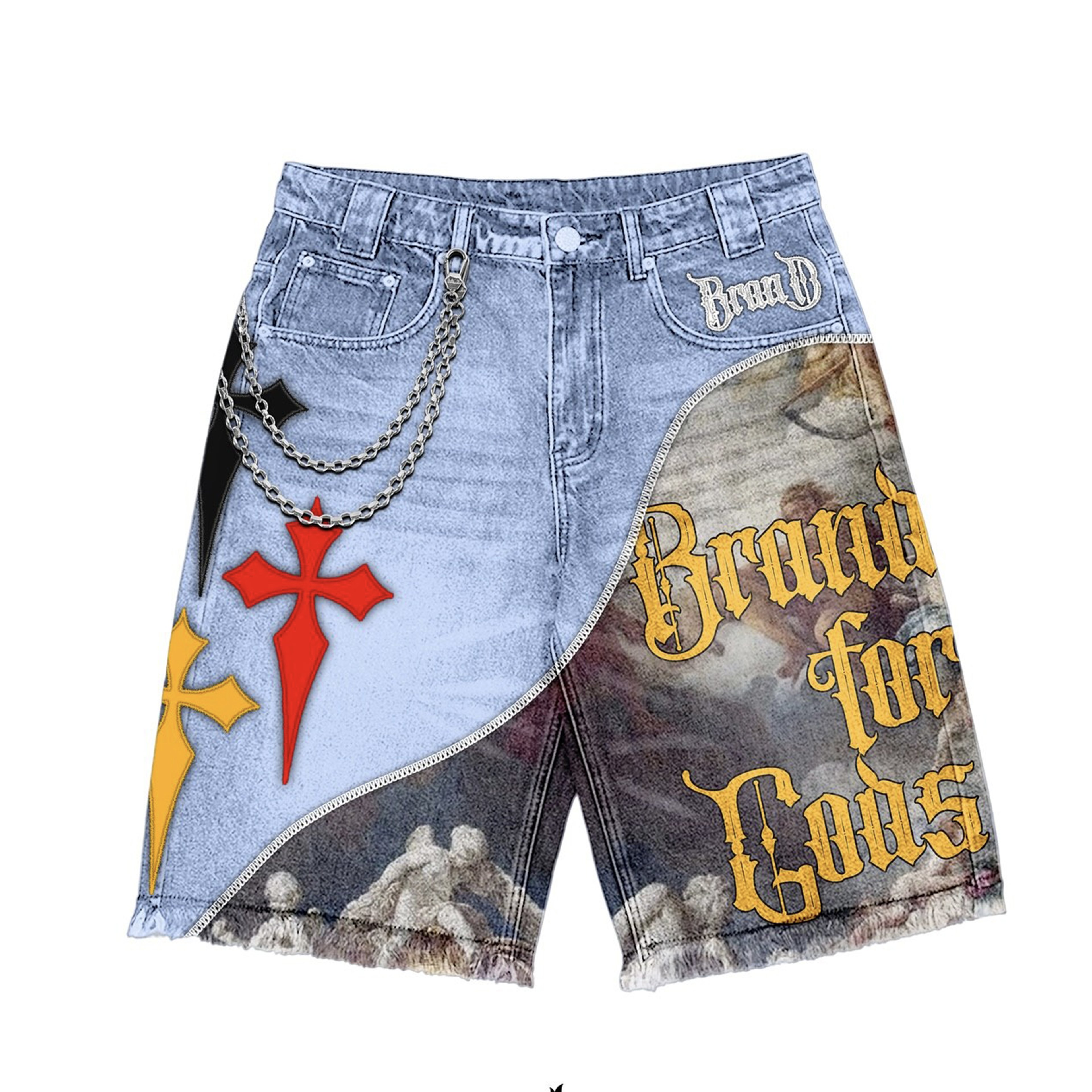 Two-Panel Gothic Cross Denim Shorts