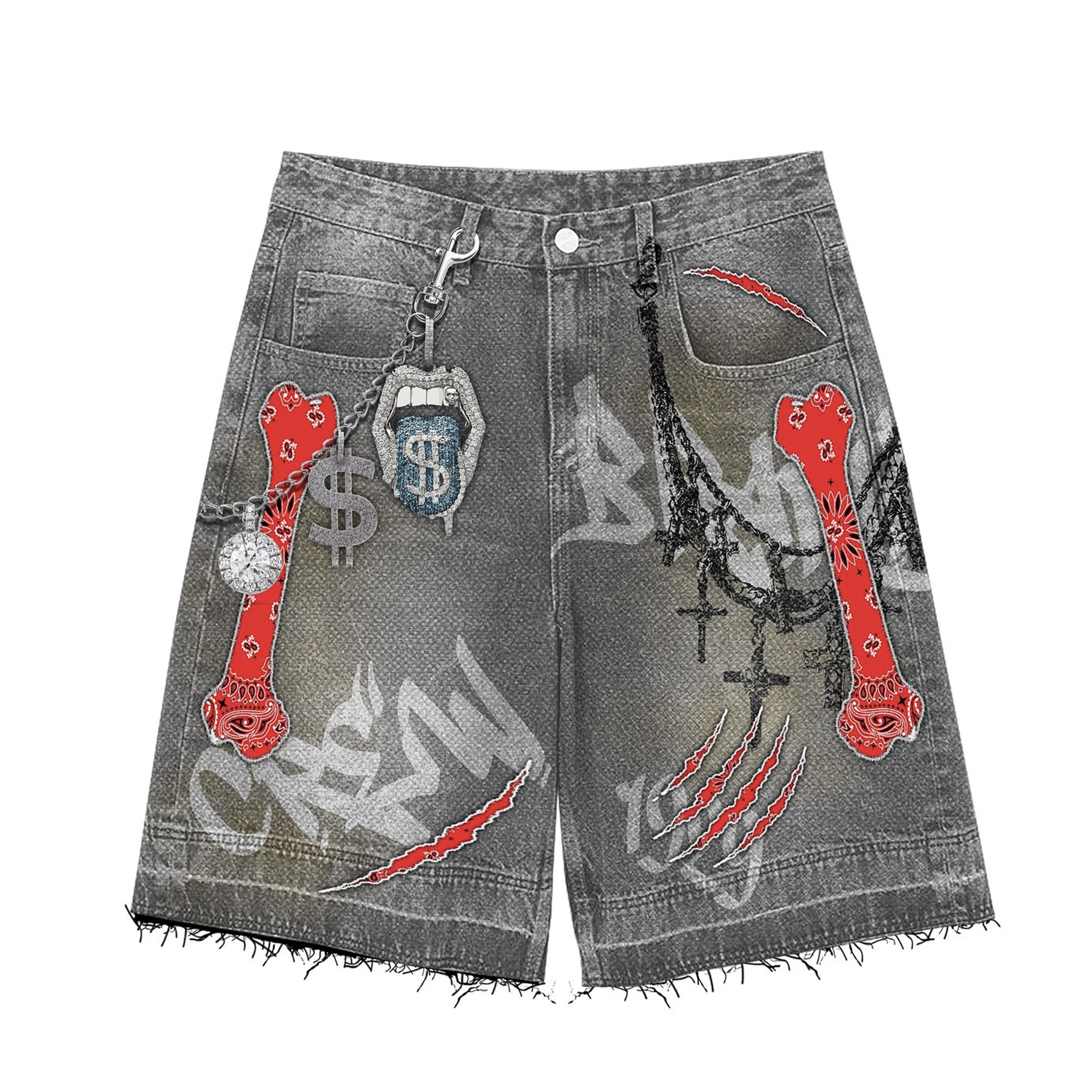 Bandana Bone Chain Denim Shorts